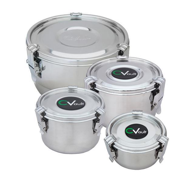 Four CVault Humidity Control Airtight Metal Smell Proof Containers by CVault, shown in graduated sizes with clamp lids and airtight seals. Each container holds a humidity packet to keep contents fresh. Choose your size.